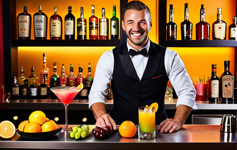 Creative Cocktail Creation**
Prompt: *A home bartender smiling, creatively crafting a unique cocktail. Focus on vibrant colors from fresh fruits and quality ingredients. Background: well-stocked home bar with various bottles and cocktail tools. Style: professional photography, warm lighting, inviting atmosphere.*
**