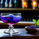 A professional close-up shot of a meticulously crafted, vibrantly colored cocktail in an elegant crystal glass, showcasing beautiful layering from a deep butterfly pea flower blue to a soft purple hue. The drink is perfectly garnished with an artistic dried dragon fruit slice and a fresh sprig of Vietnamese mint, set on a polished dark wood bar counter in a sophisticated, softly lit bar in Ho Chi Minh City. Professional photography, high-quality, photorealistic, safe for work, appropriate content, fully clothed (implied by the professional setting), modest, perfect anatomy, correct proportions, well-formed hands (if any visible), natural body proportions.