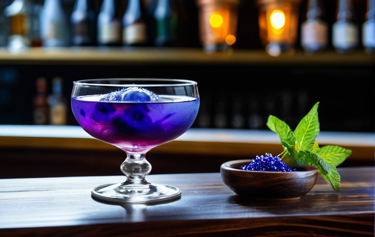 A professional close-up shot of a meticulously crafted, vibrantly colored cocktail in an elegant crystal glass, showcasing beautiful layering from a deep butterfly pea flower blue to a soft purple hue. The drink is perfectly garnished with an artistic dried dragon fruit slice and a fresh sprig of Vietnamese mint, set on a polished dark wood bar counter in a sophisticated, softly lit bar in Ho Chi Minh City. Professional photography, high-quality, photorealistic, safe for work, appropriate content, fully clothed (implied by the professional setting), modest, perfect anatomy, correct proportions, well-formed hands (if any visible), natural body proportions.