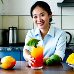 Tropical Fruit Cocktail Creation**

"A brightly lit kitchen scene in Vietnam, featuring a woman in her 30s with a warm smile, fully clothed in modest Ao Ba Ba, preparing a cocktail with tropical fruits like mango, dragon fruit, and starfruit. Fresh herbs like Vietnamese mint and lemongrass are visible. Cocktail shaker, measuring tools, and decorative glasses are on the counter. Background shows a traditional Vietnamese home interior. safe for work, appropriate content, family-friendly, professional photography, perfect anatomy, natural proportions, well-formed hands, proper finger count."

**