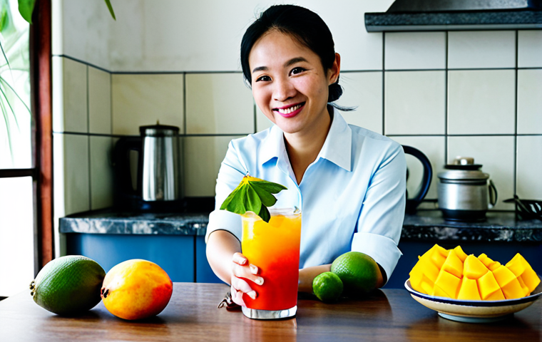 Tropical Fruit Cocktail Creation**
"A brightly lit kitchen scene in Vietnam, featuring a woman in her 30s with a warm smile, fully clothed in modest Ao Ba Ba, preparing a cocktail with tropical fruits like mango, dragon fruit, and starfruit. Fresh herbs like Vietnamese mint and lemongrass are visible. Cocktail shaker, measuring tools, and decorative glasses are on the counter. Background shows a traditional Vietnamese home interior. safe for work, appropriate content, family-friendly, professional photography, perfect anatomy, natural proportions, well-formed hands, proper finger count."
**