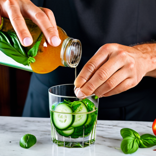 **

"A vibrant cocktail being mixed, showcasing unusual ingredients like chili slices, fresh basil, and cucumber ribbons, fully clothed bartender, appropriate attire, professional setting, safe for work, perfect anatomy, natural proportions, close-up shot, well-formed hands, high quality, family-friendly, bright lighting."

**