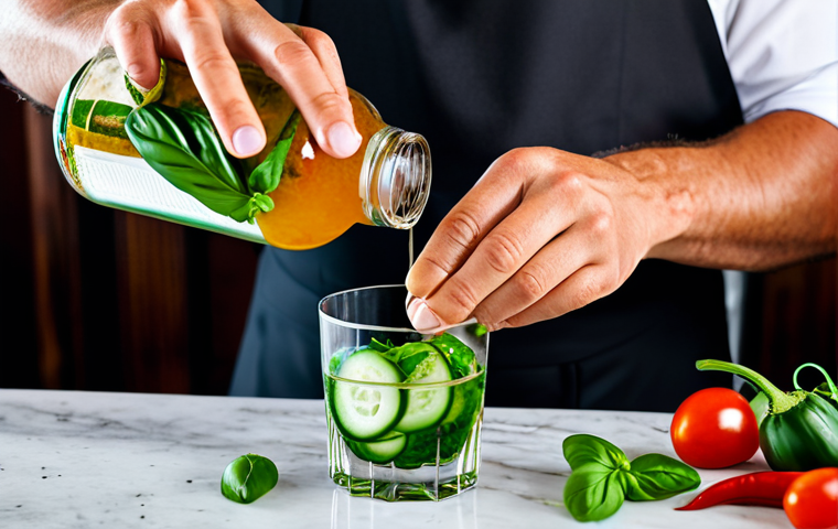 **
"A vibrant cocktail being mixed, showcasing unusual ingredients like chili slices, fresh basil, and cucumber ribbons, fully clothed bartender, appropriate attire, professional setting, safe for work, perfect anatomy, natural proportions, close-up shot, well-formed hands, high quality, family-friendly, bright lighting."
**