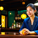 Cocktail**

"A beautifully presented cocktail on a bar in Hanoi, Vietnam. The drink is brightly colored, garnished with local fruit like dragon fruit or starfruit. The background shows a relaxed, upscale bar atmosphere with patrons enjoying themselves, fully clothed. Appropriate lighting and depth of field. Safe for work, professional photography, perfect anatomy, natural proportions, modest attire, family-friendly."

**